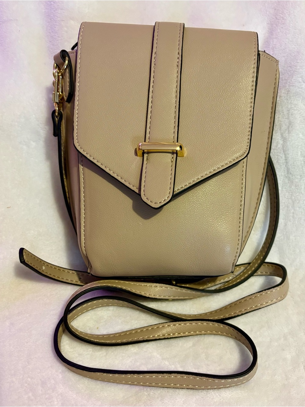 Neiman Marcus Taupe Crossbody Phone Bag with Gold Chain Accent